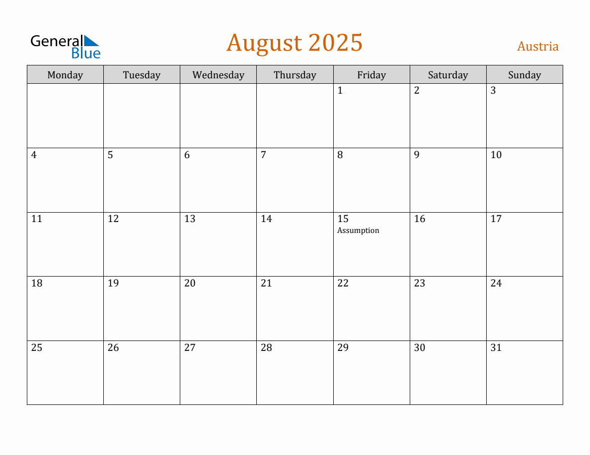 Free August 2025 Austria Calendar