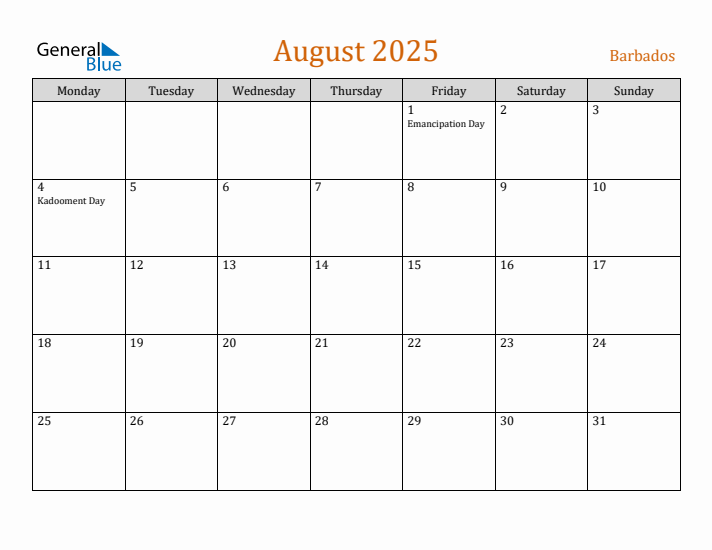 Free August 2025 Barbados Calendar