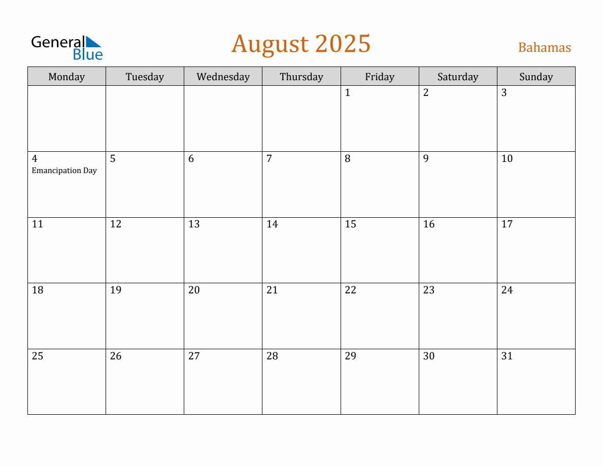 Free August 2025 Bahamas Calendar