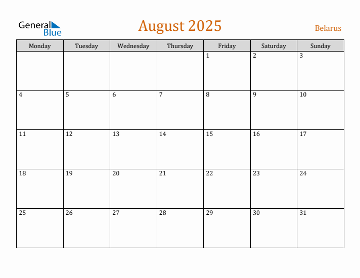 Free August 2025 Belarus Calendar