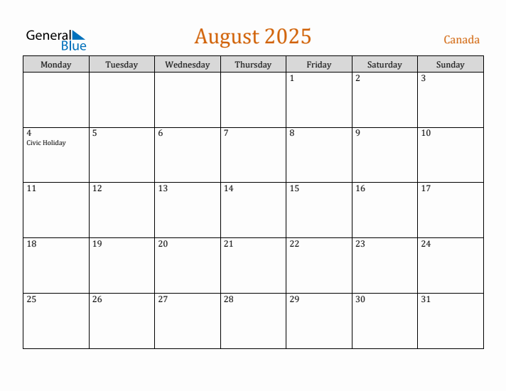 Free August 2025 Canada Calendar
