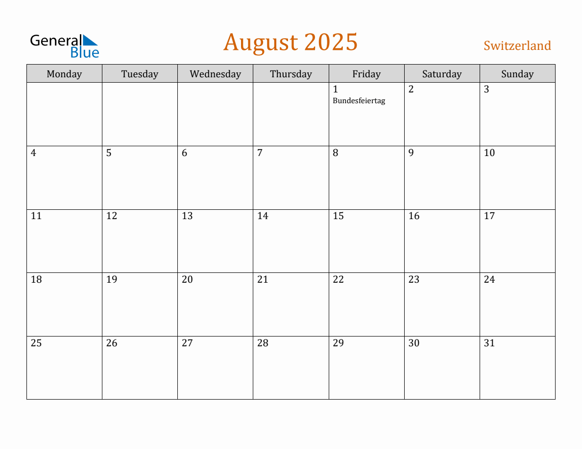 Free August 2025 Switzerland Calendar