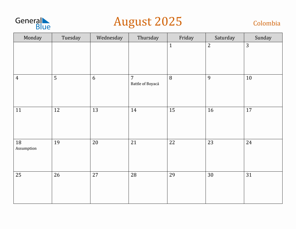 Free August 2025 Colombia Calendar
