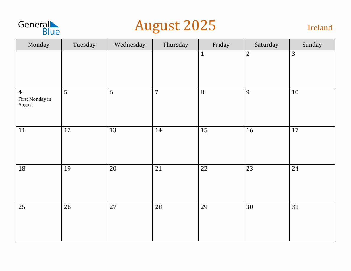 Free August 2025 Ireland Calendar