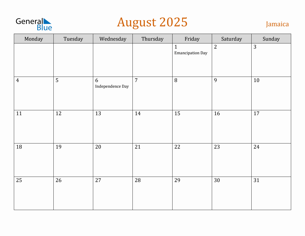 Free August 2025 Jamaica Calendar