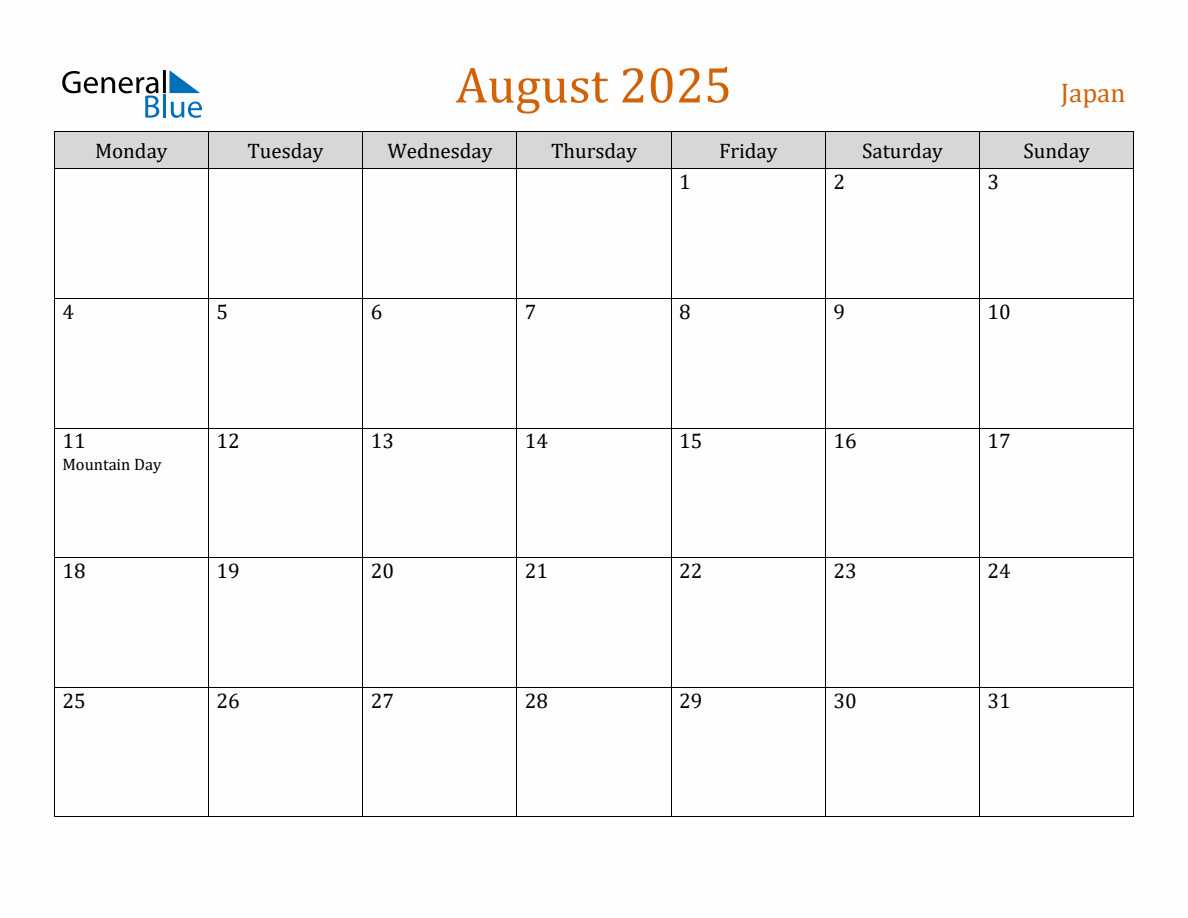 Free August 2025 Japan Calendar