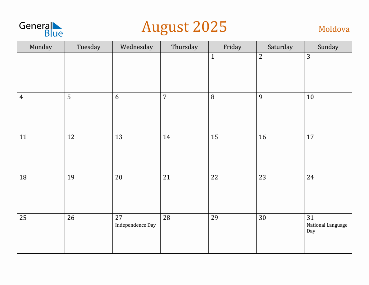 Free August 2025 Moldova Calendar