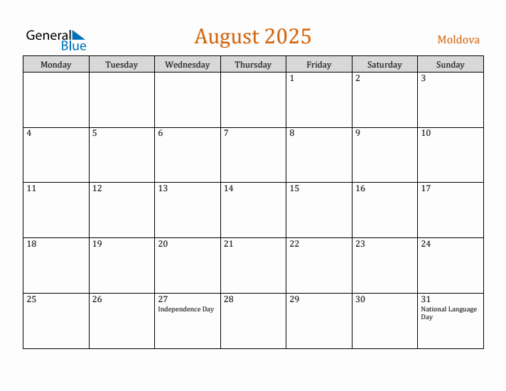 Free August 2025 Moldova Calendar