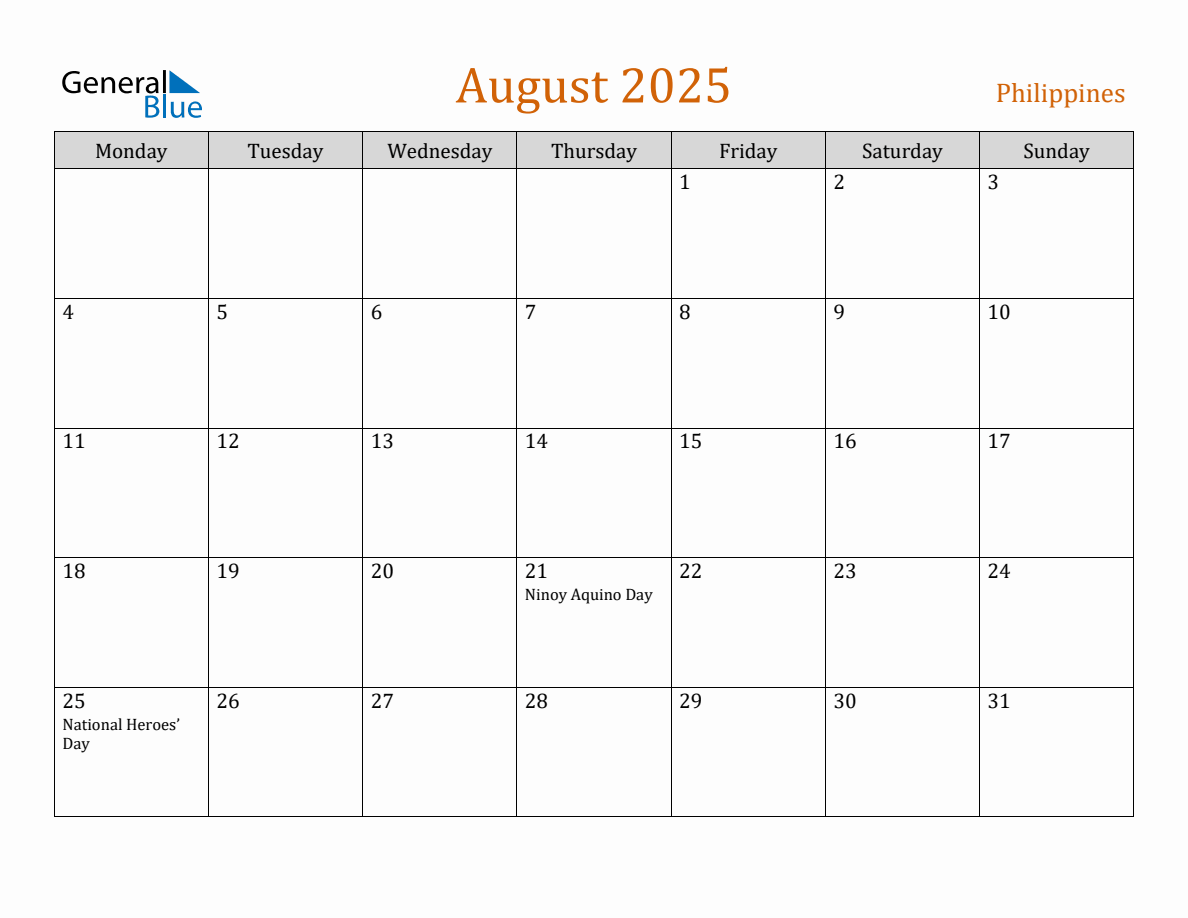 Free August 2025 Philippines Calendar