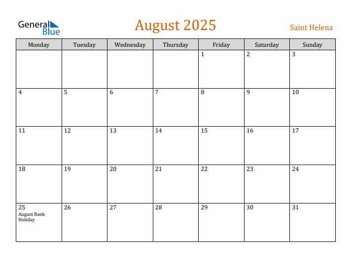 Free August 2025 Saint Helena Calendar