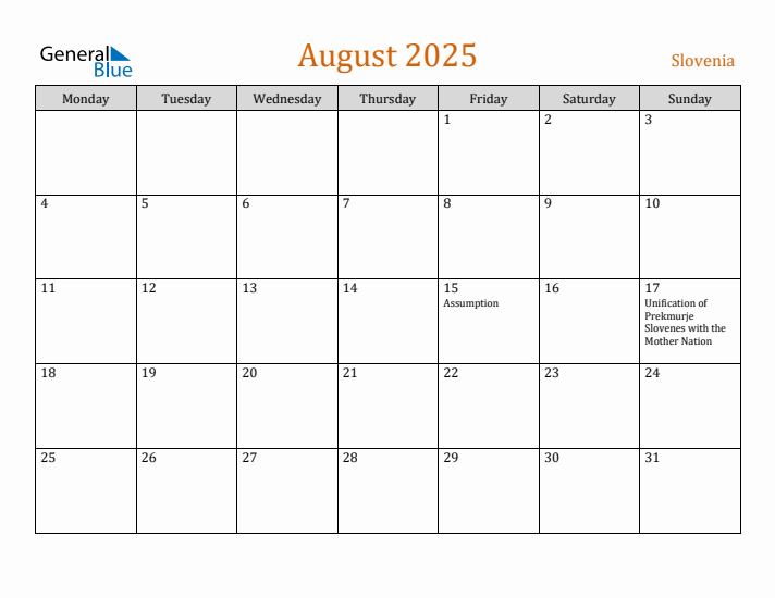 Free August 2025 Slovenia Calendar