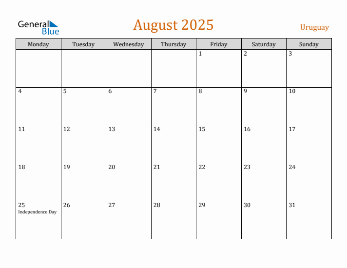 August 2025 Holiday Calendar with Monday Start
