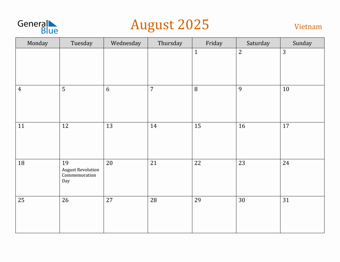 Free August 2025 Vietnam Calendar