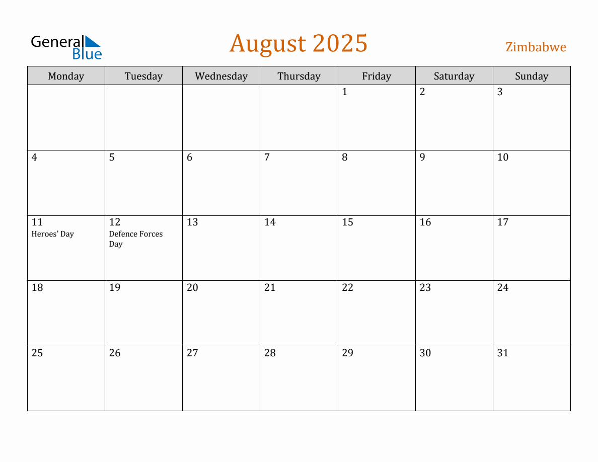 Free August 2025 Zimbabwe Calendar