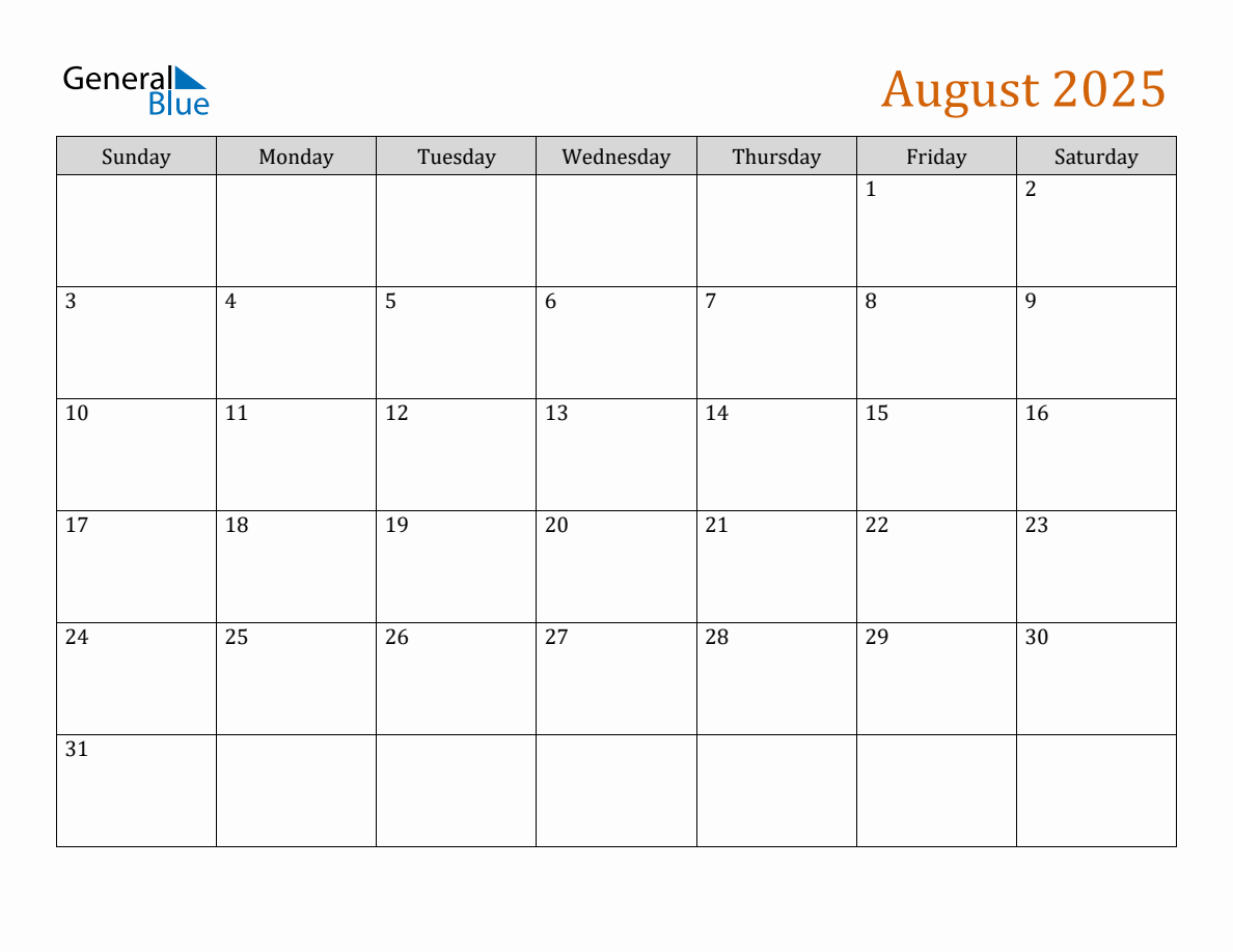 August 2025 Generic Monthly Calendar