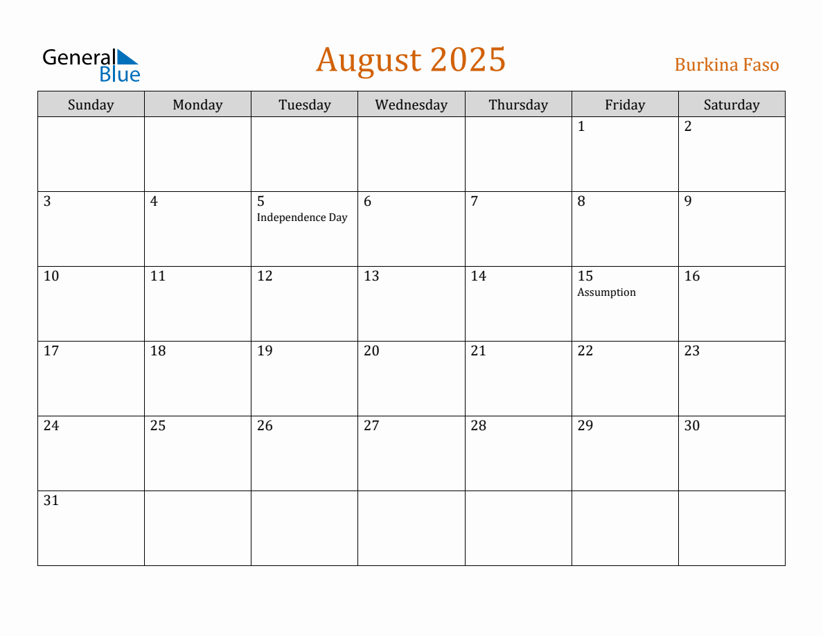 Free August 2025 Burkina Faso Calendar