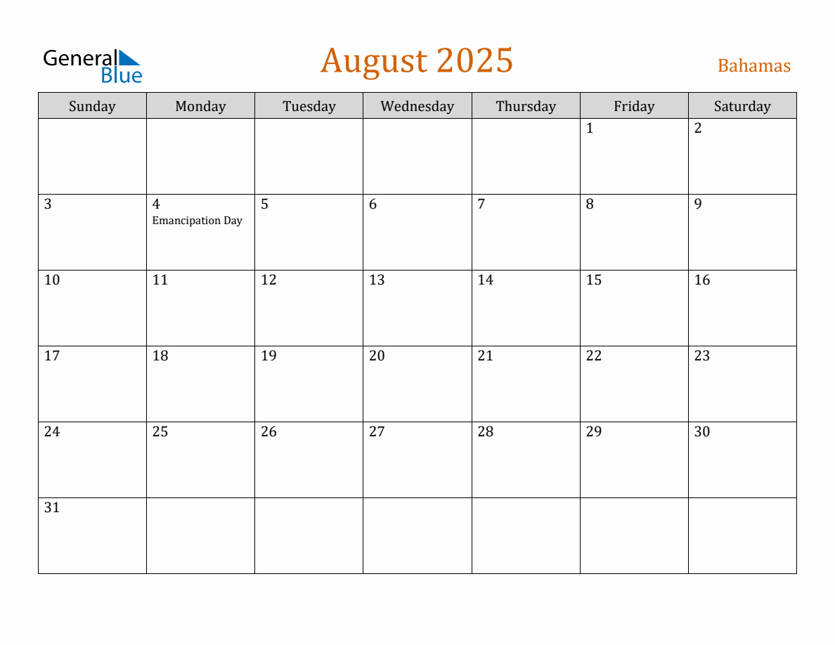 Free August 2025 Bahamas Calendar