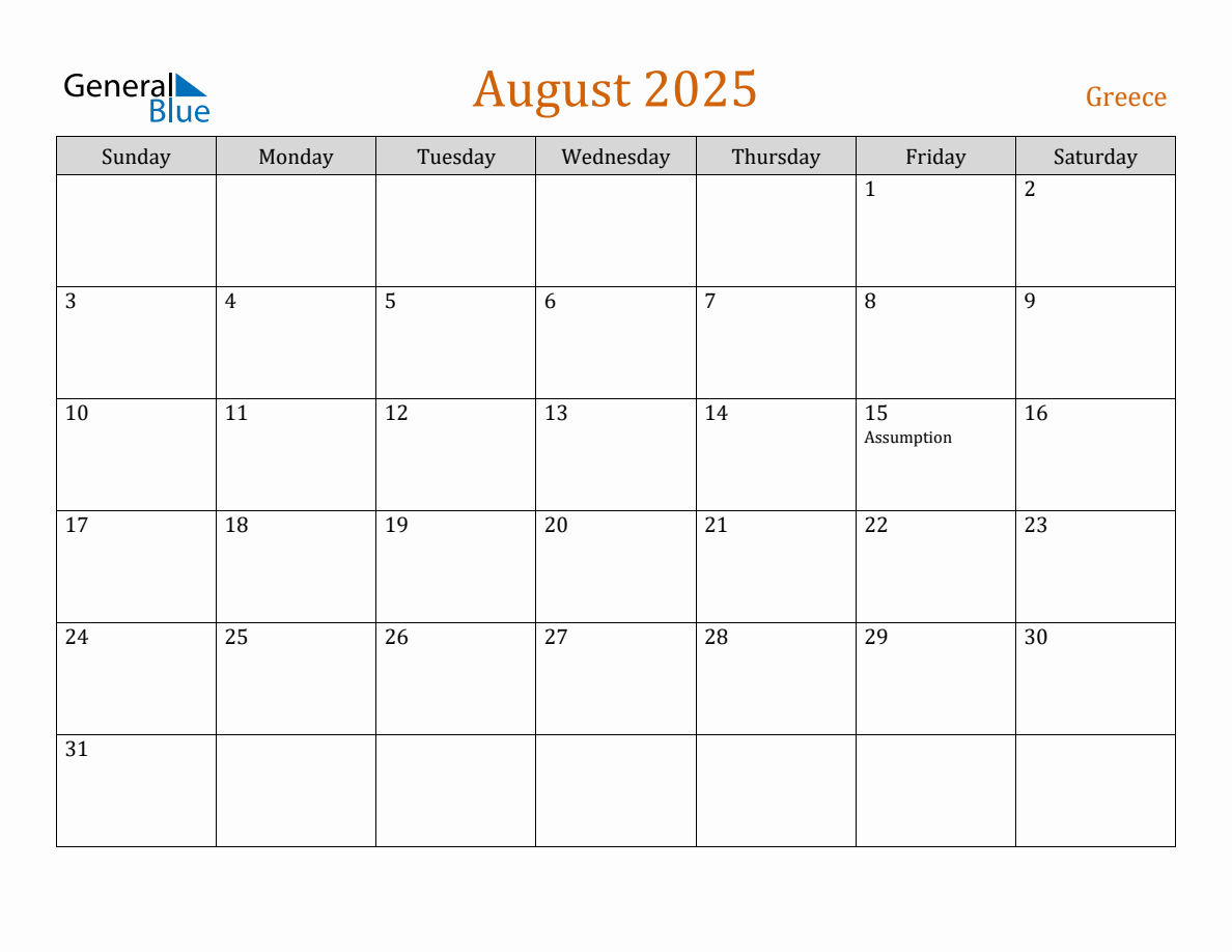 Free August 2025 Greece Calendar