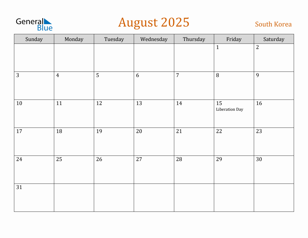 Free August 2025 South Korea Calendar