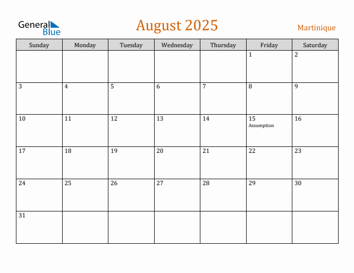 Free August 2025 Martinique Calendar