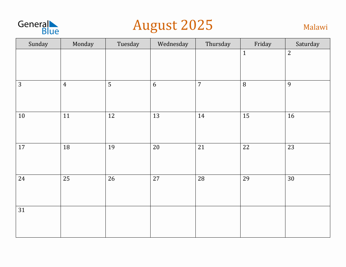 Free August 2025 Malawi Calendar