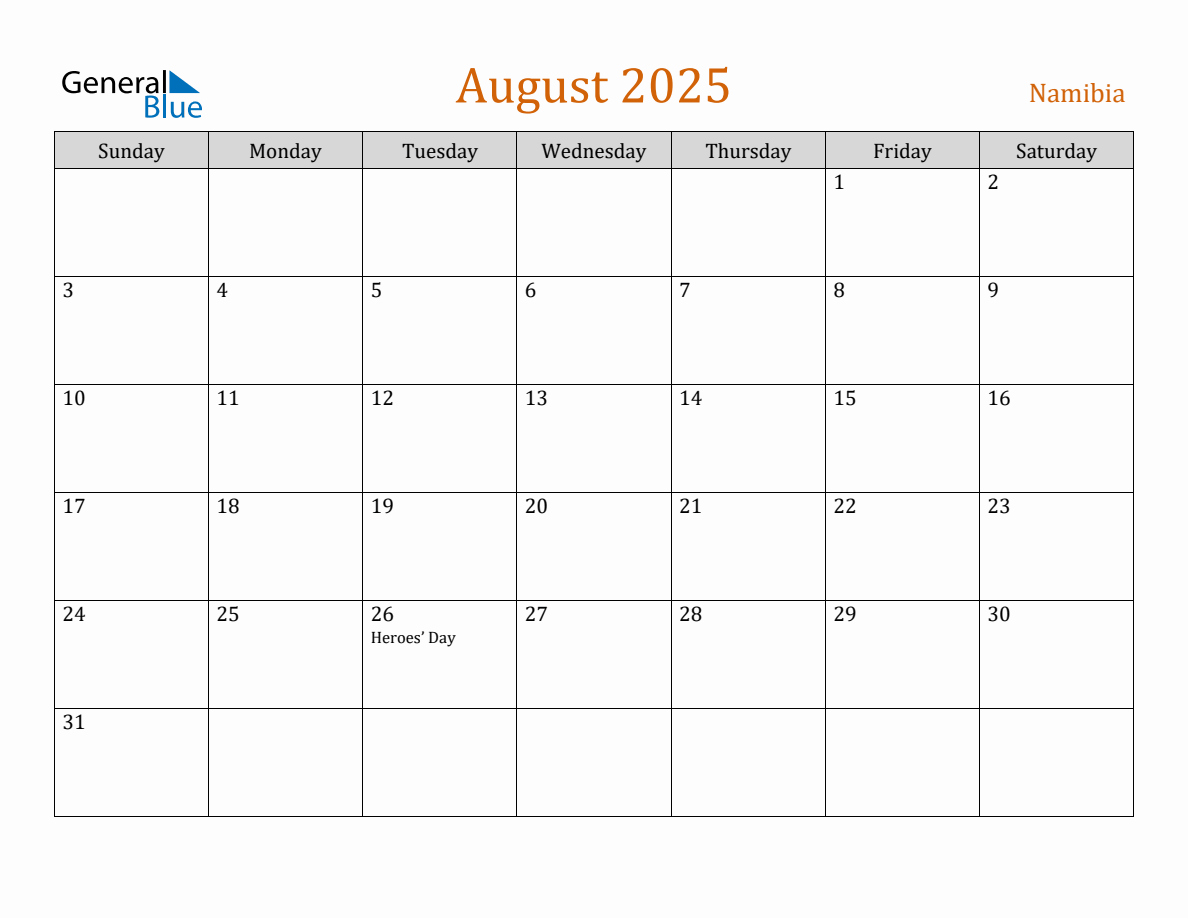 Free August 2025 Namibia Calendar