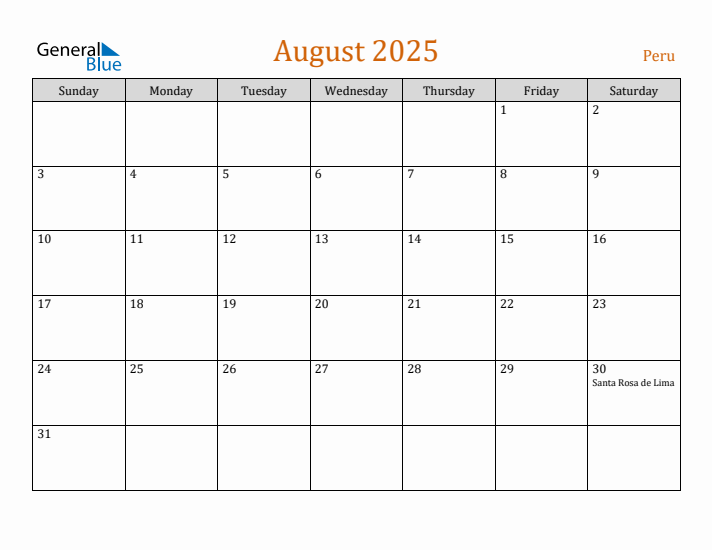 August 2025 Holiday Calendar with Sunday Start
