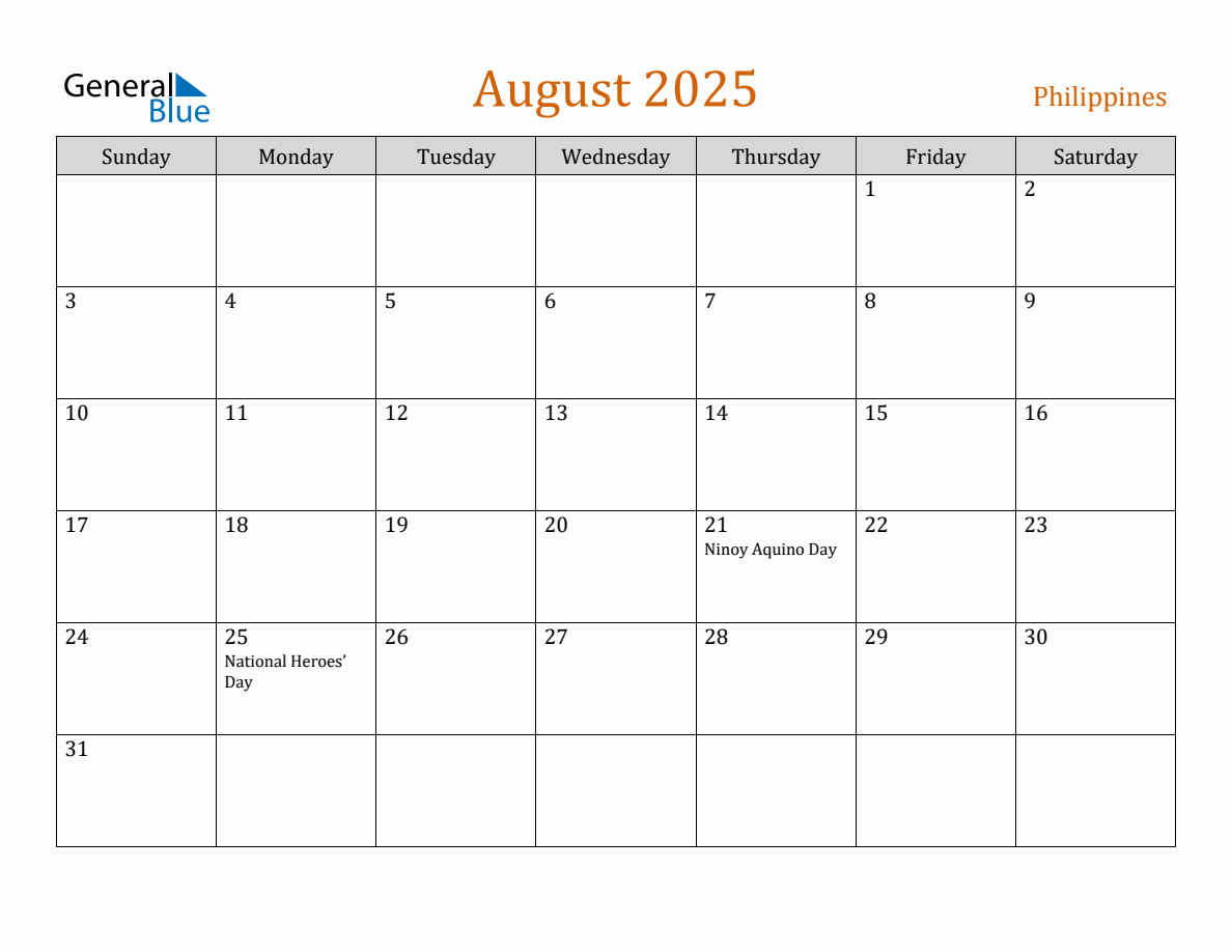 Free August 2025 Philippines Calendar