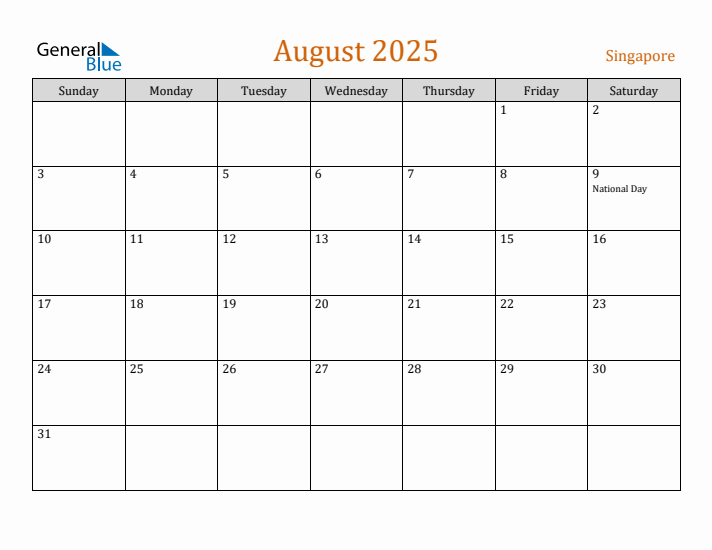 Free August 2025 Singapore Calendar