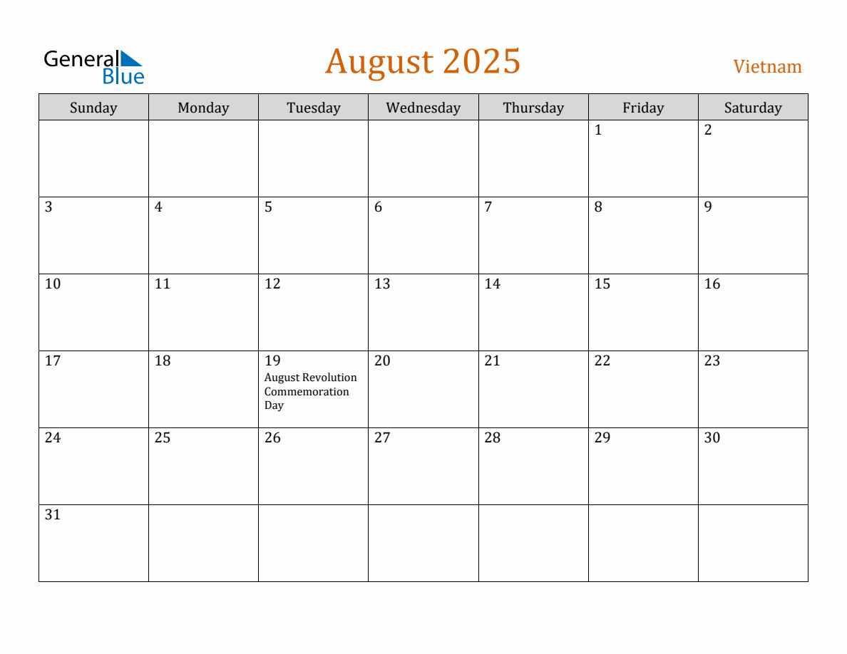 Free August 2025 Vietnam Calendar