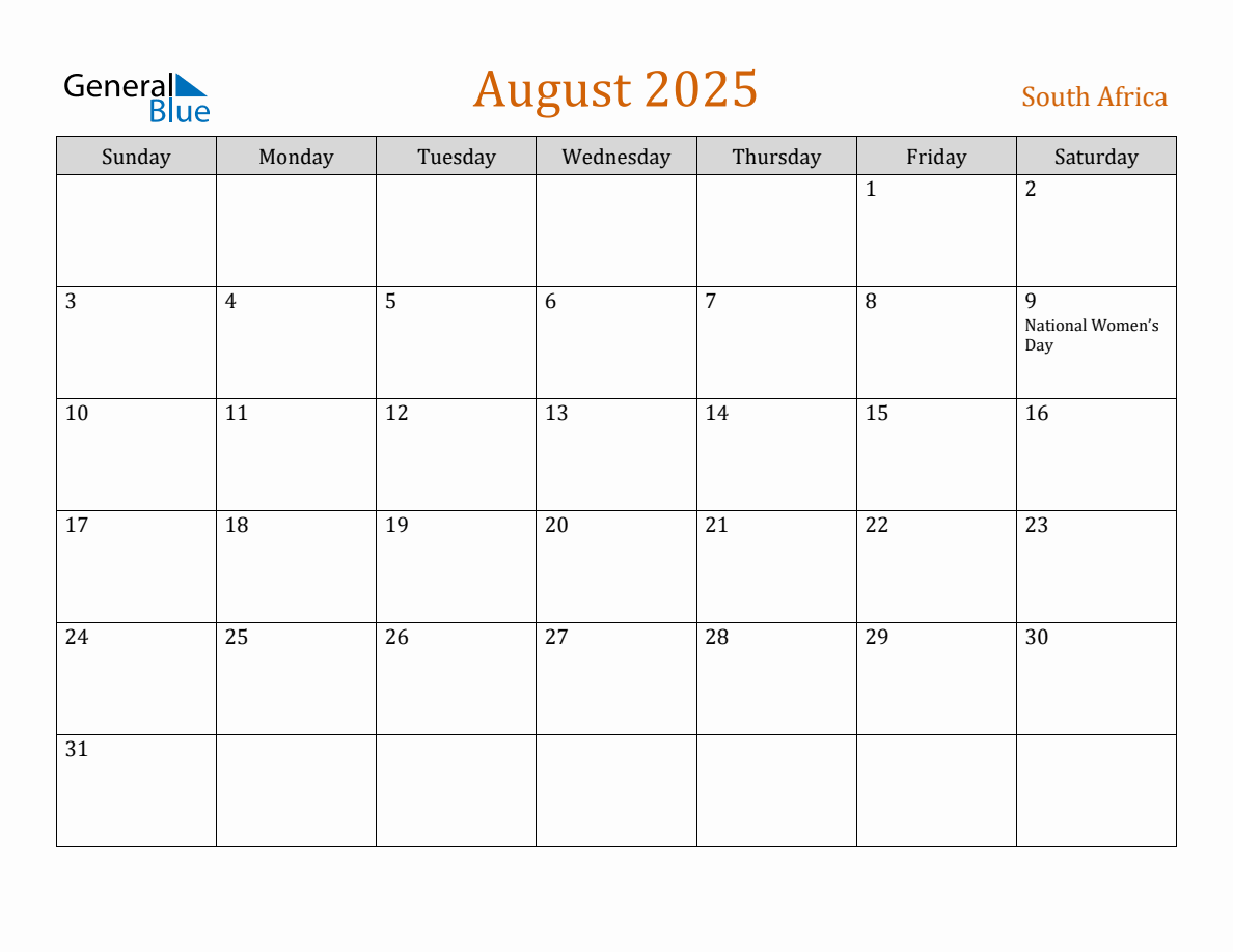 Free August 2025 South Africa Calendar