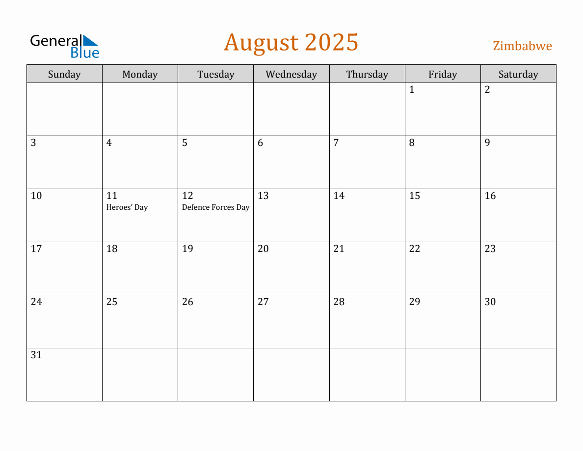 Free August 2025 Zimbabwe Calendar