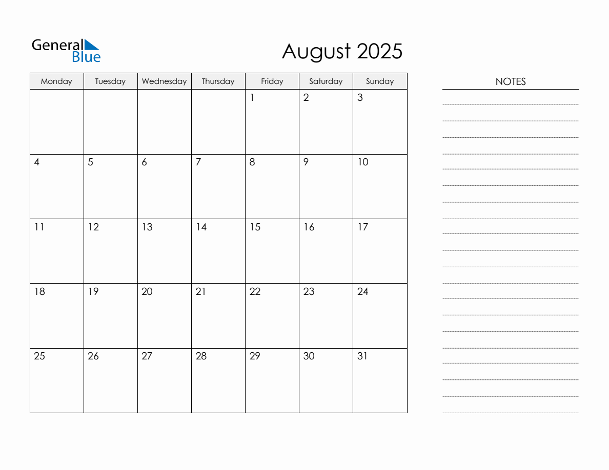 August 2025 Calendar Monday Start 