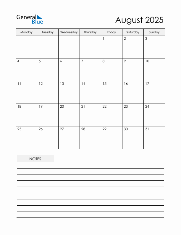 Printable Calendar with Notes - August 2025 