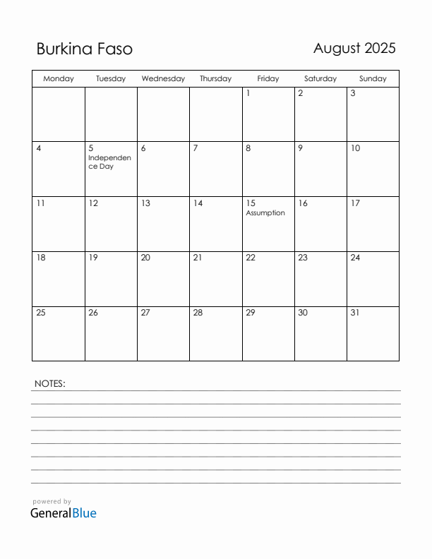 August 2025 Burkina Faso Calendar with Holidays (Monday Start)