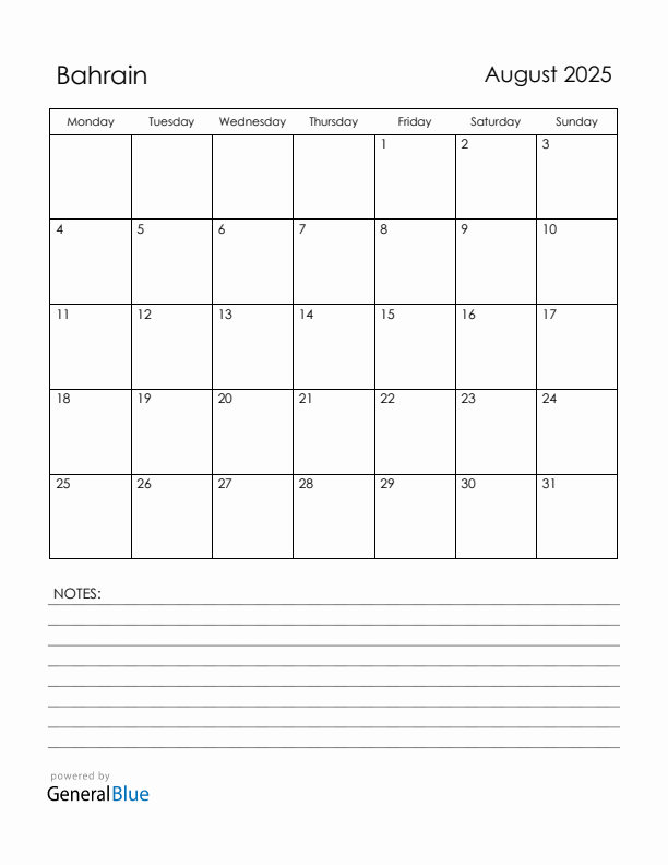 August 2025 Bahrain Calendar with Holidays (Monday Start)