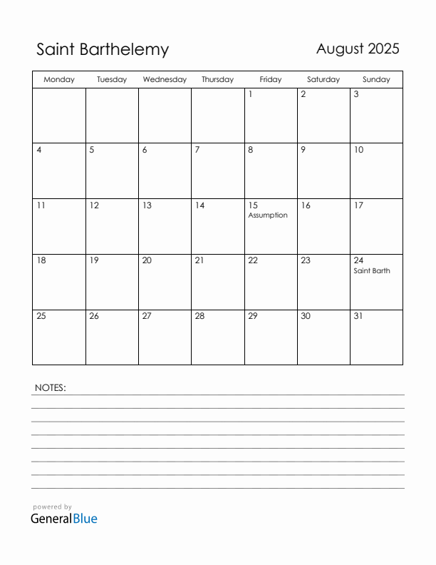 August 2025 Saint Barthelemy Calendar with Holidays (Monday Start)