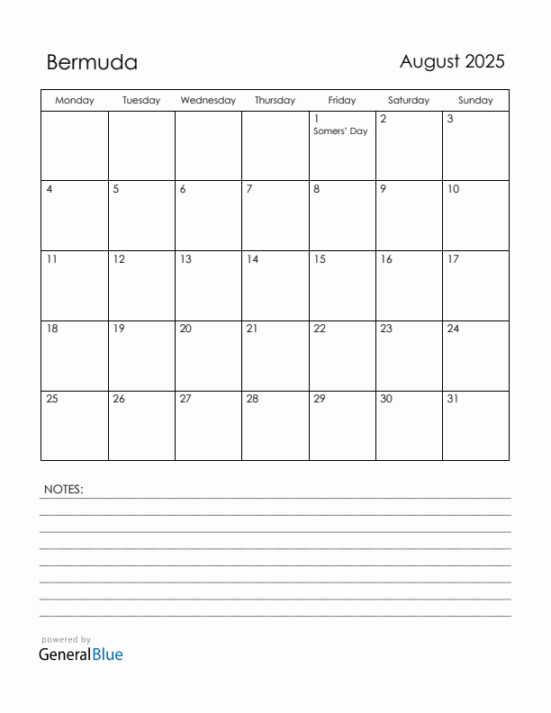 August 2025 Bermuda Calendar with Holidays (Monday Start)