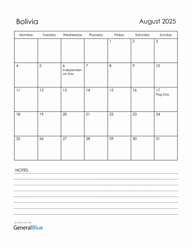 August 2025 Bolivia Calendar with Holidays (Monday Start)