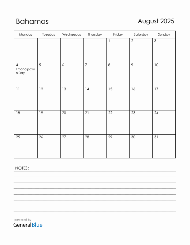 August 2025 Bahamas Calendar with Holidays (Monday Start)