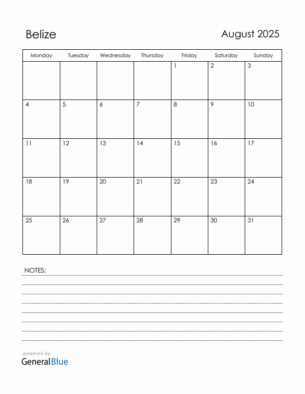 August 2025 Belize Calendar with Holidays (Monday Start)