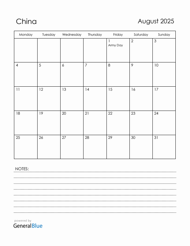 August 2025 China Calendar with Holidays (Monday Start)