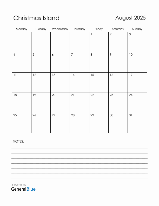 August 2025 Christmas Island Calendar with Holidays (Monday Start)