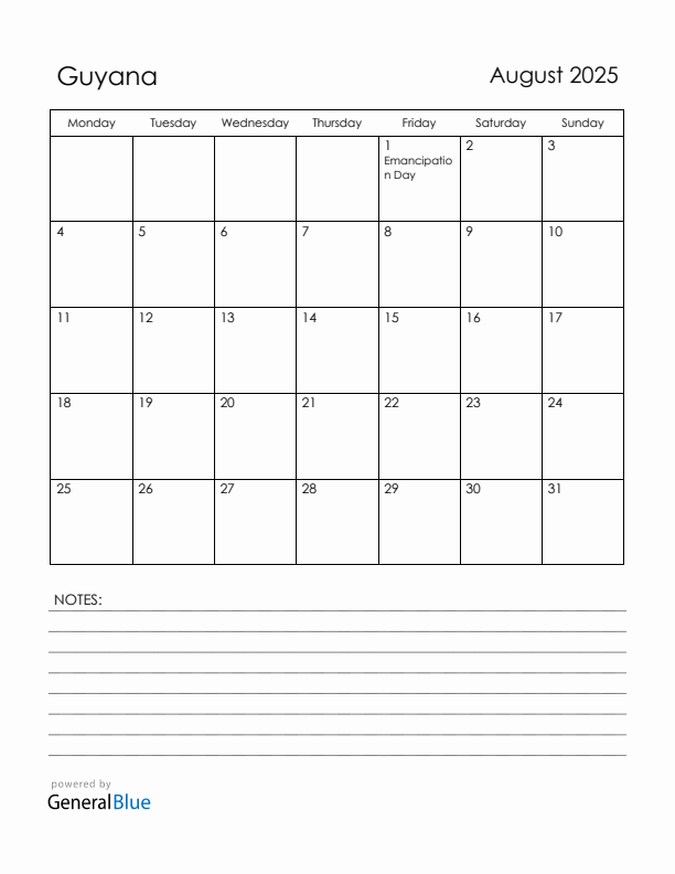 August 2025 Guyana Calendar with Holidays (Monday Start)