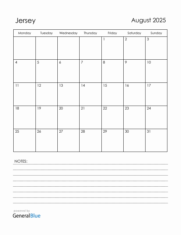 August 2025 Jersey Calendar with Holidays (Monday Start)