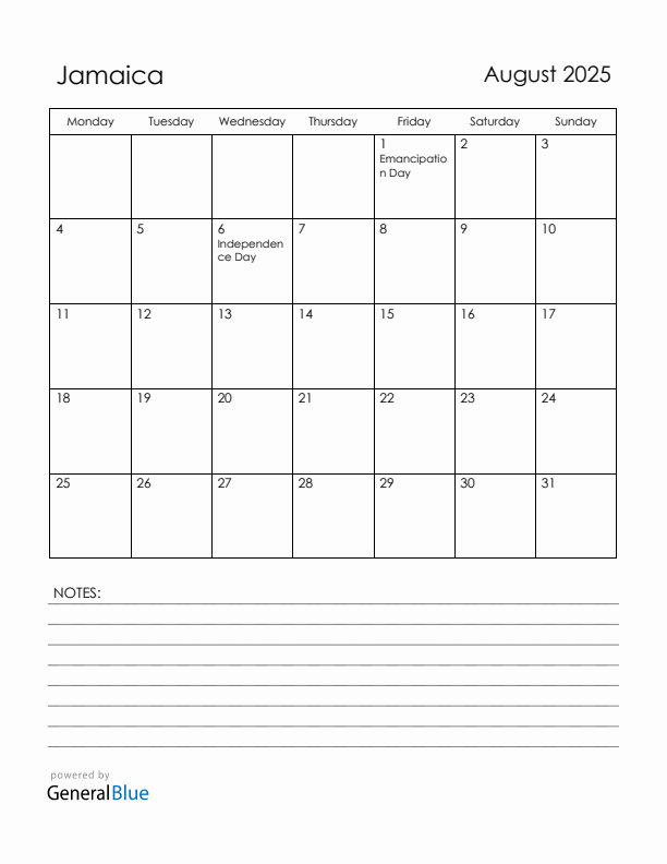 August 2025 Jamaica Calendar with Holidays (Monday Start)