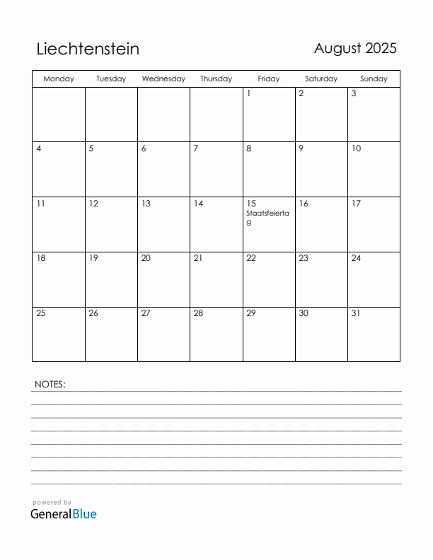 August 2025 Liechtenstein Calendar with Holidays (Monday Start)