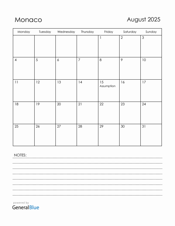 August 2025 Monaco Calendar with Holidays (Monday Start)