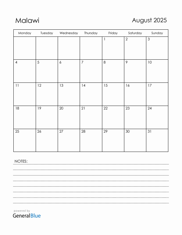 August 2025 Malawi Calendar with Holidays (Monday Start)