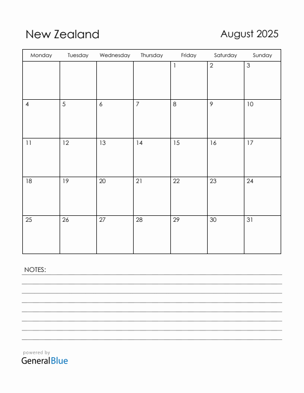 August 2025 New Zealand Calendar with Holidays (Monday Start)